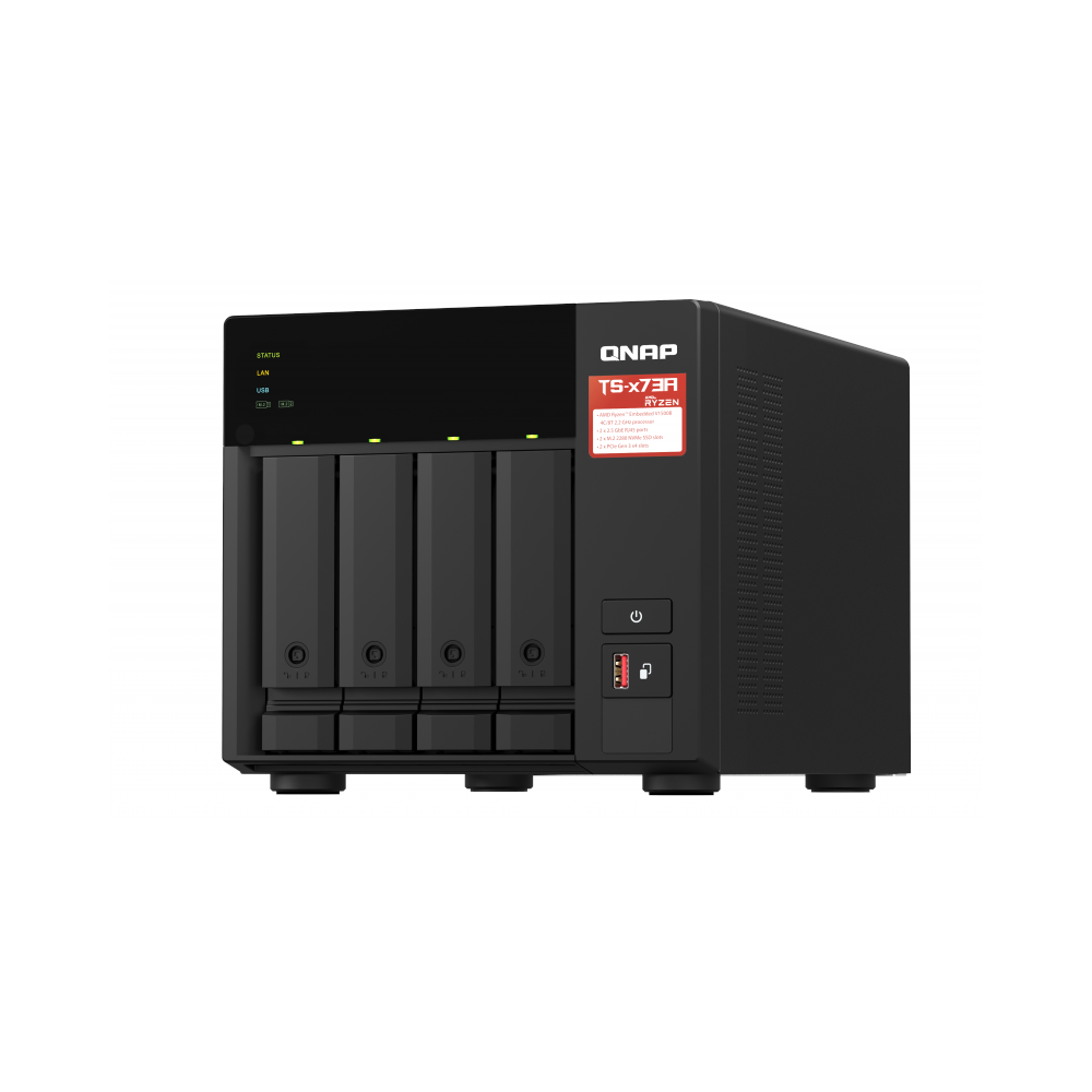 A large main feature product image of QNAP TS-473A-8G 4 Bay NAS with AMD R-Series Quad-core 2.1GHz, and Four 1GbE Ports