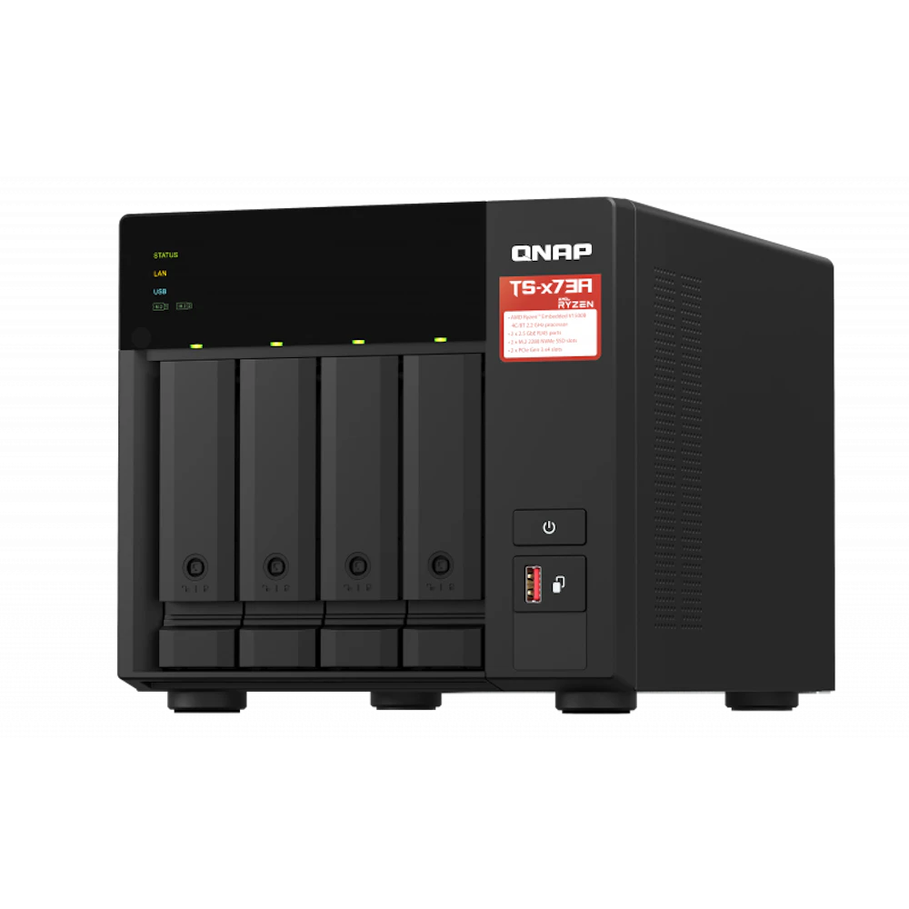 A large main feature product image of QNAP TS-473A 4-Bay NAS (2.2GHz Ryzen 4-Core/8-Thread, 8GB RAM, 2.5GbE)