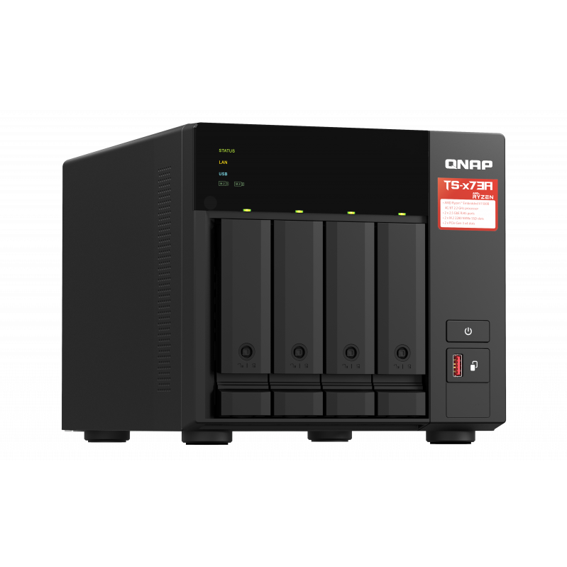 A large main feature product image of QNAP TS-473A 4-Bay NAS (2.2GHz Ryzen 4-Core/8-Thread, 8GB RAM, 2.5GbE)