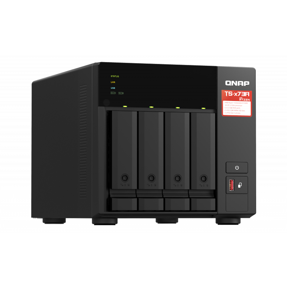 A large main feature product image of QNAP TS-473A 4-Bay NAS (2.2GHz Ryzen 4-Core/8-Thread, 8GB RAM, 2.5GbE)