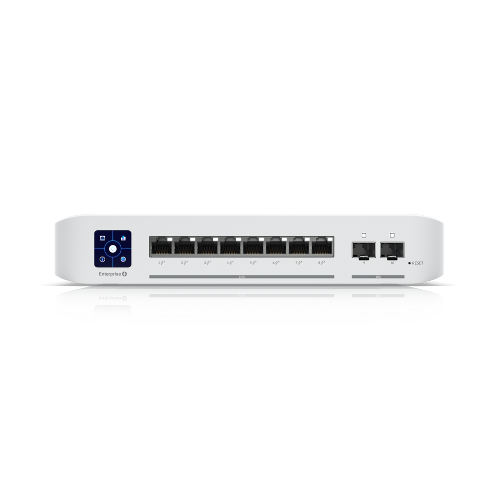 A large main feature product image of Ubiquiti UniFi Enterprise 8-Port 2.5GbE Layer 3 Managed PoE+ Switch