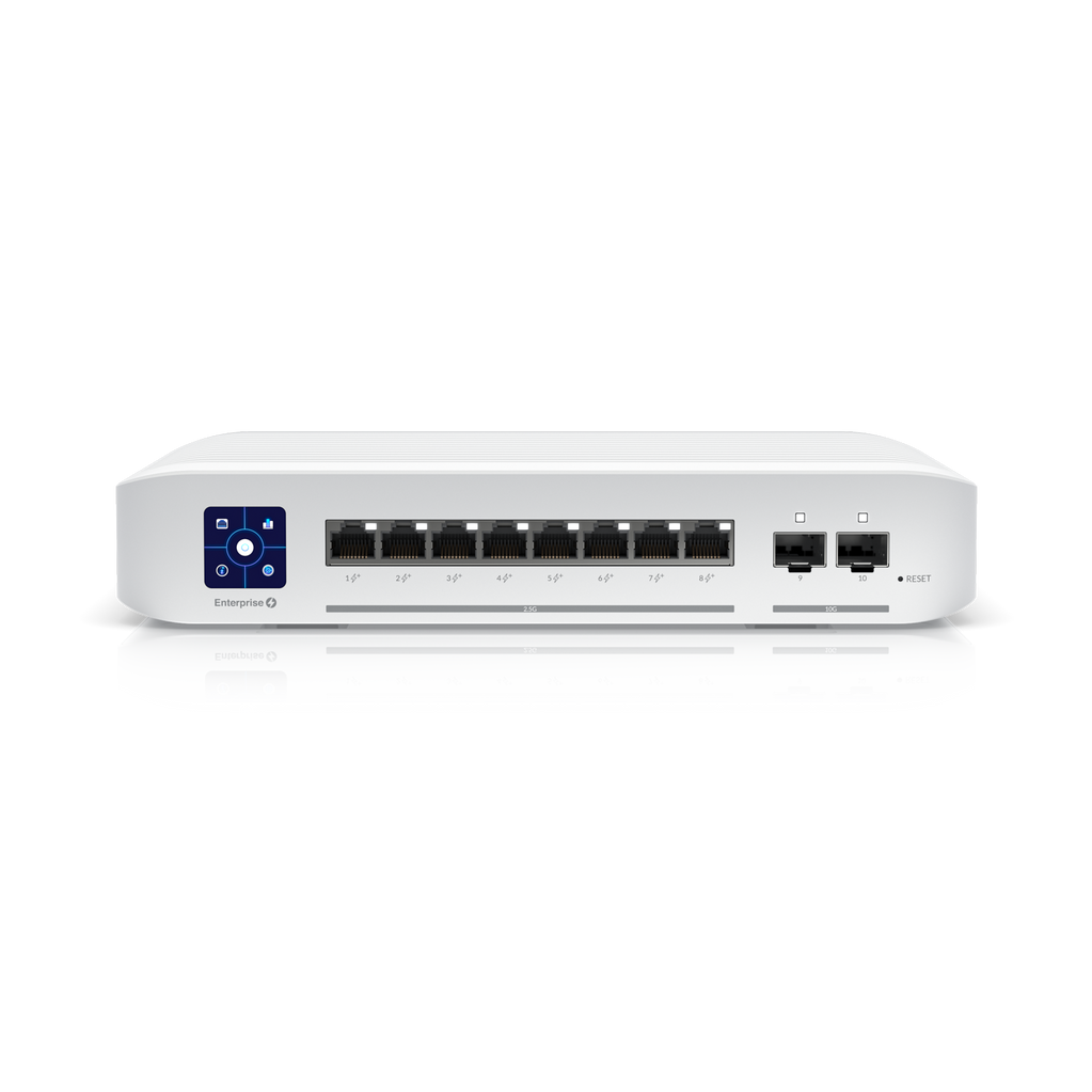 A large main feature product image of Ubiquiti UniFi Enterprise 8-Port 2.5GbE Layer 3 Managed PoE+ Switch