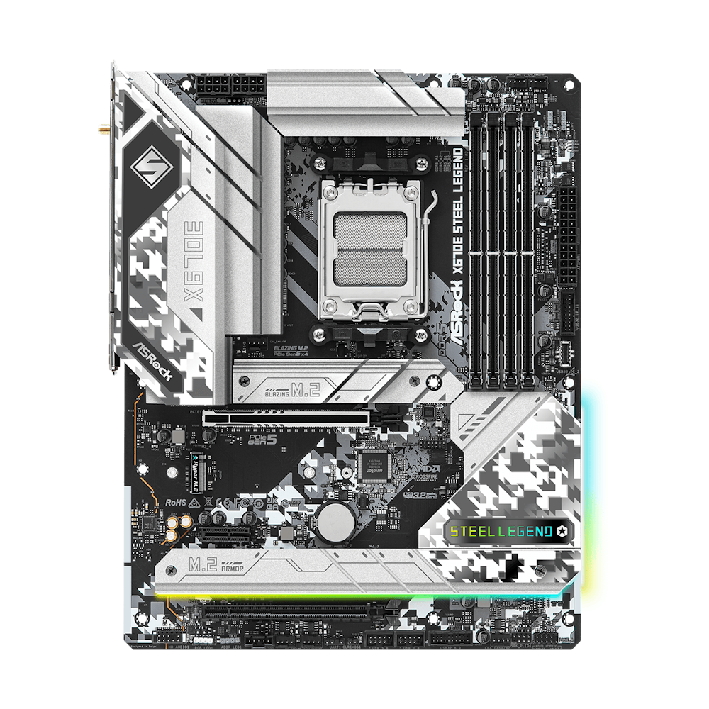 A large main feature product image of ASRock X670E Steel Legend AM5 ATX Desktop Motherboard