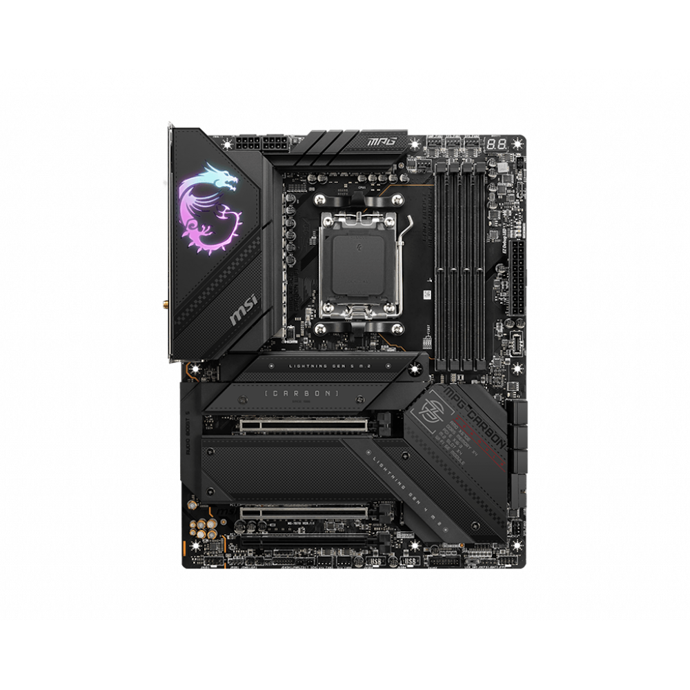 A large main feature product image of MSI MPG X670E Carbon WiFi AM5 ATX Desktop Motherboard