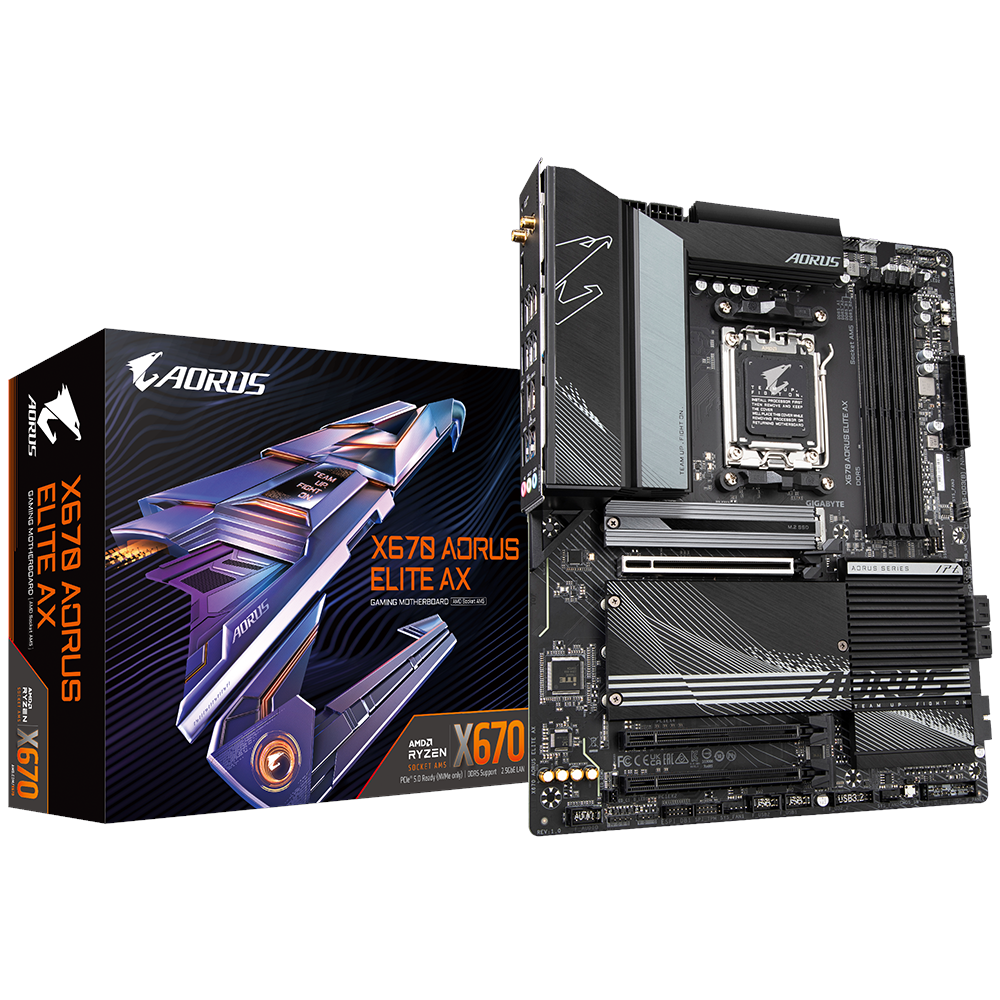 A large main feature product image of Gigabyte X670 Aorus Elite AX AM5 ATX Desktop Motherboard