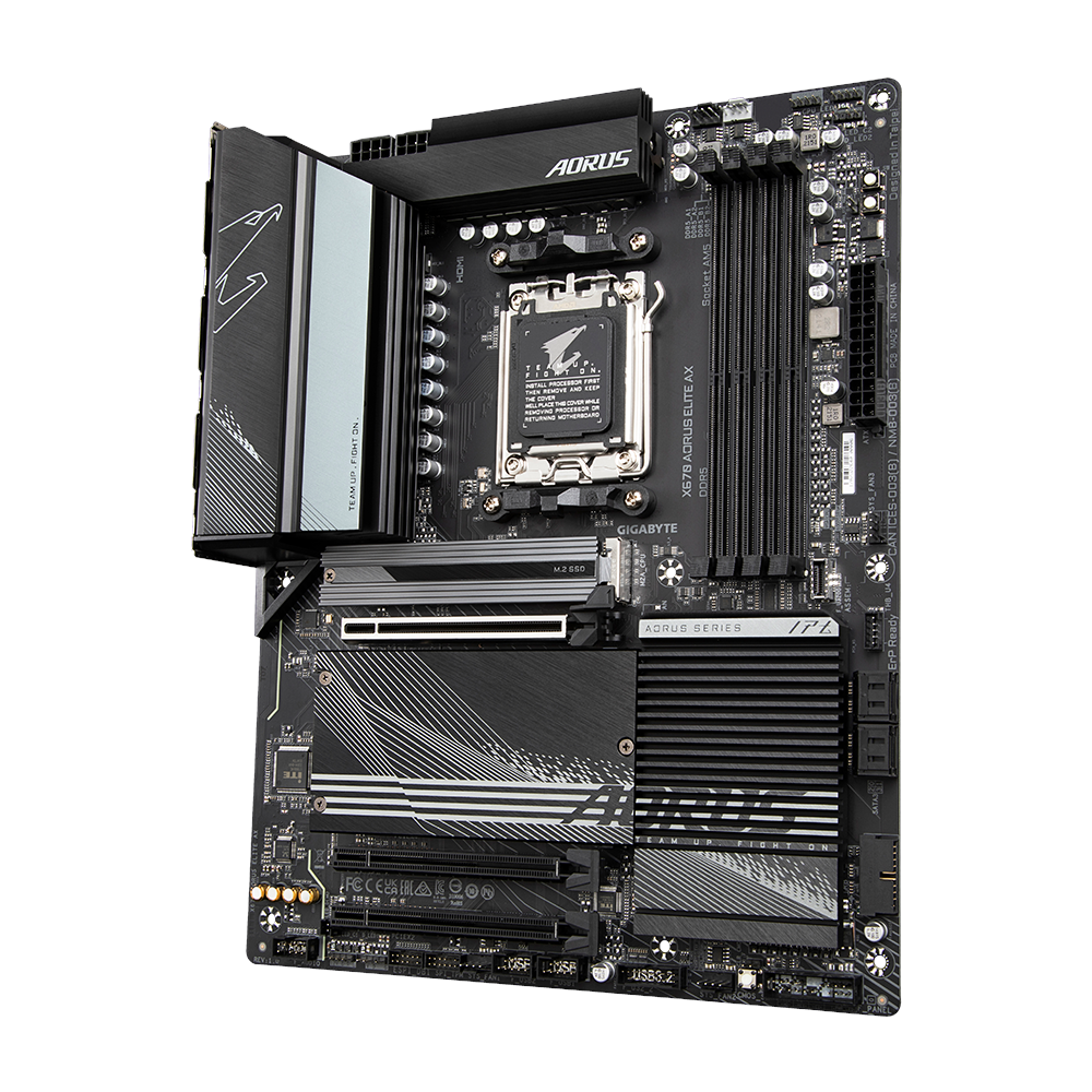 A large main feature product image of Gigabyte X670 Aorus Elite AX AM5 ATX Desktop Motherboard