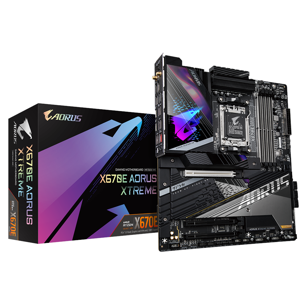 A large main feature product image of Gigabyte X670E Aorus Xtreme AM5 eATX Desktop Motherboard