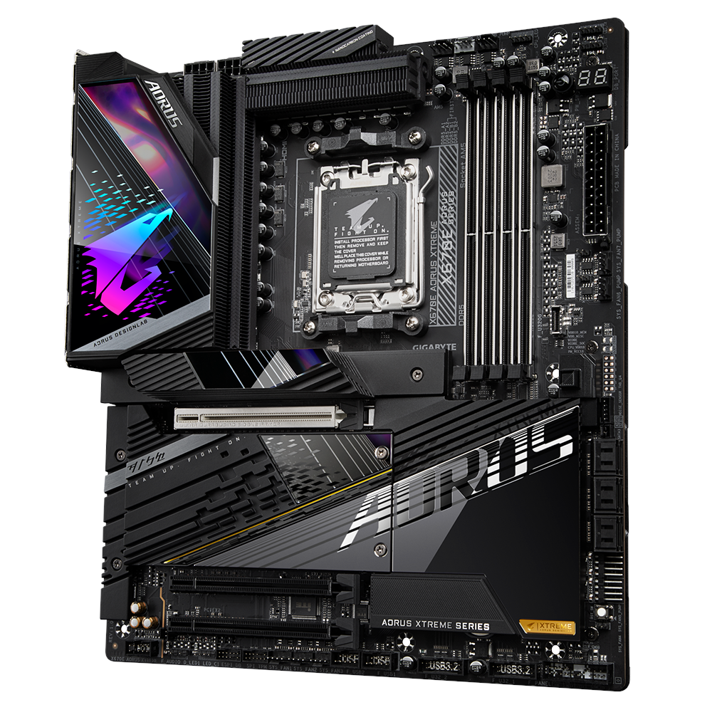 A large main feature product image of Gigabyte X670E Aorus Xtreme AM5 eATX Desktop Motherboard