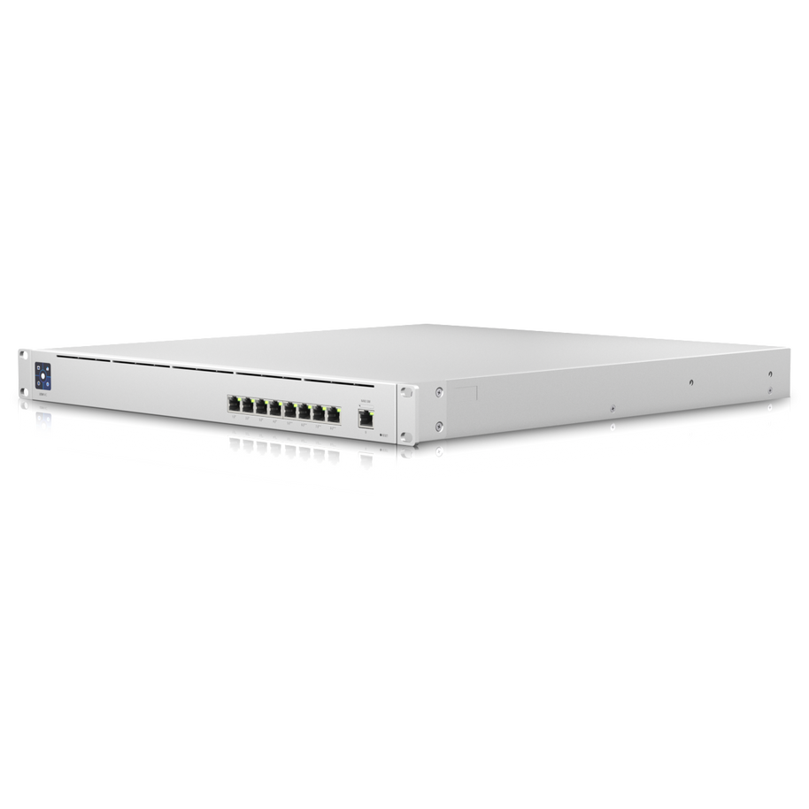A large main feature product image of Ubiquiti Mission Critical 8-Port Gigabit PoE++ Switch with Integrated UPS