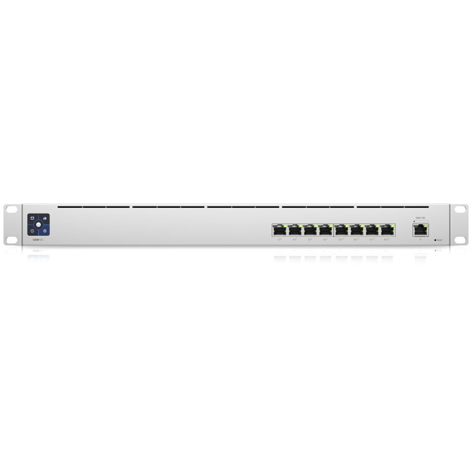 A large main feature product image of Ubiquiti Mission Critical 8-Port Gigabit PoE++ Switch with Integrated UPS