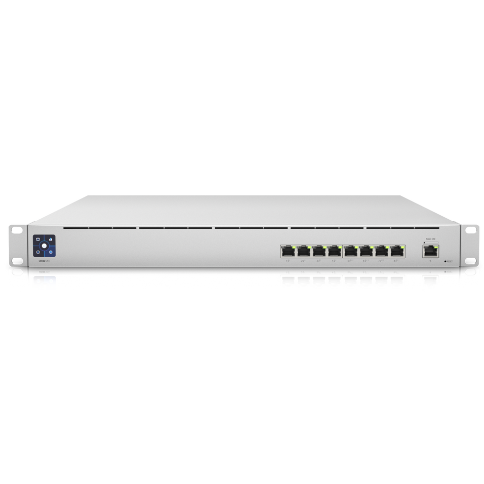 A large main feature product image of Ubiquiti Mission Critical 8-Port Gigabit PoE++ Switch with Integrated UPS