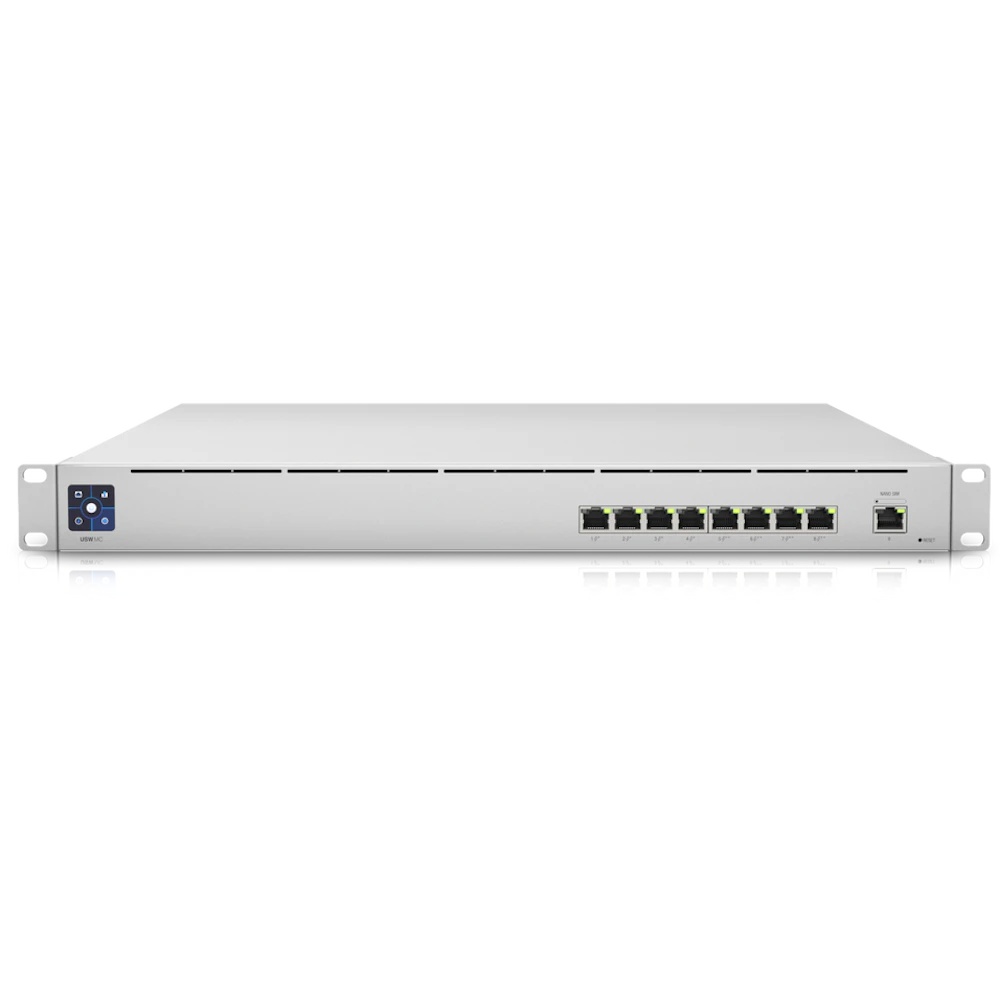 A large main feature product image of Ubiquiti Mission Critical 8-Port Gigabit PoE++ Switch with Integrated UPS