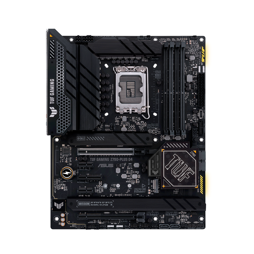 A large main feature product image of ASUS TUF Gaming Z790-Plus D4 DDR4 LGA1700 ATX Desktop Motherboard