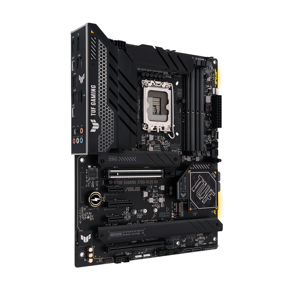 A large main feature product image of ASUS TUF Gaming Z790-Plus D4 DDR4 LGA1700 ATX Desktop Motherboard