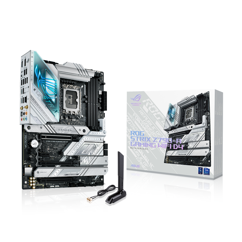 A large main feature product image of ASUS ROG Strix Z790-A Gaming WiFi D4 DDR4 LGA1700 ATX Desktop Motherboard
