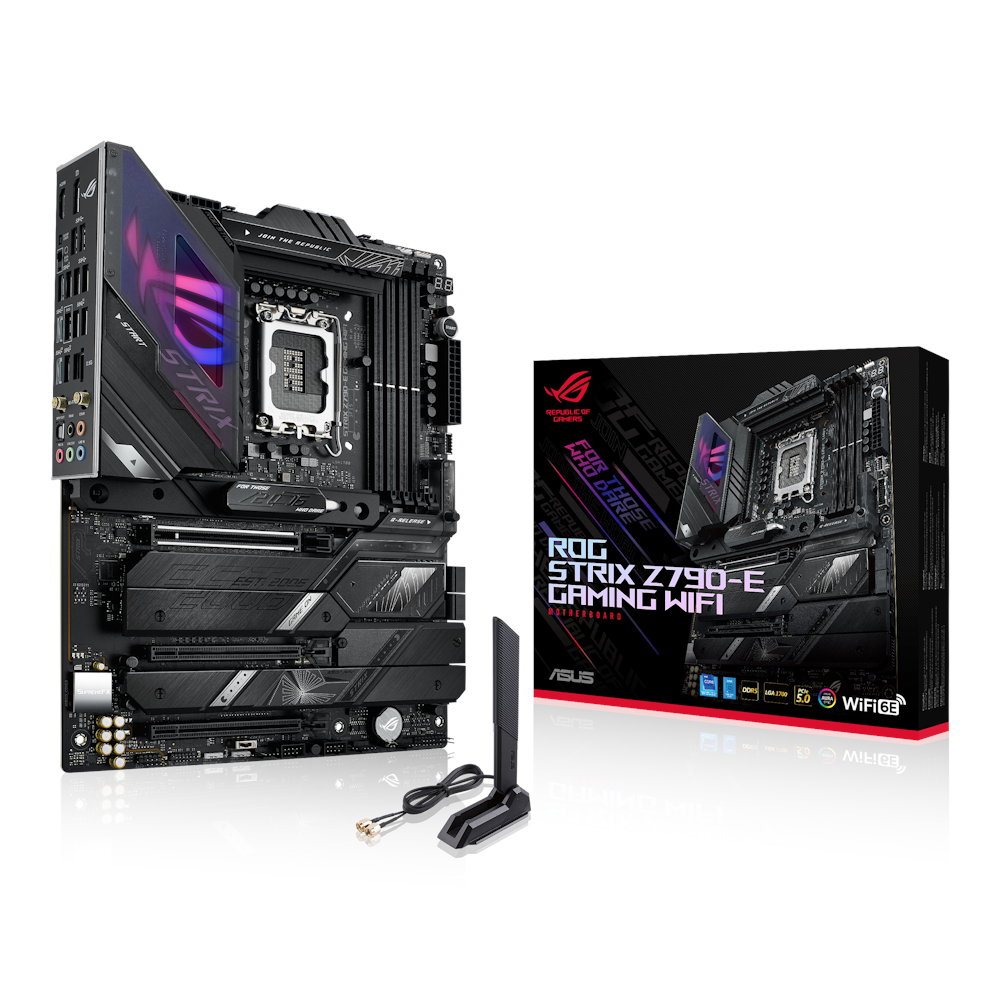 A large main feature product image of ASUS ROG Strix Z790-E Gaming WiFi LGA1700 ATX Desktop Motherboard