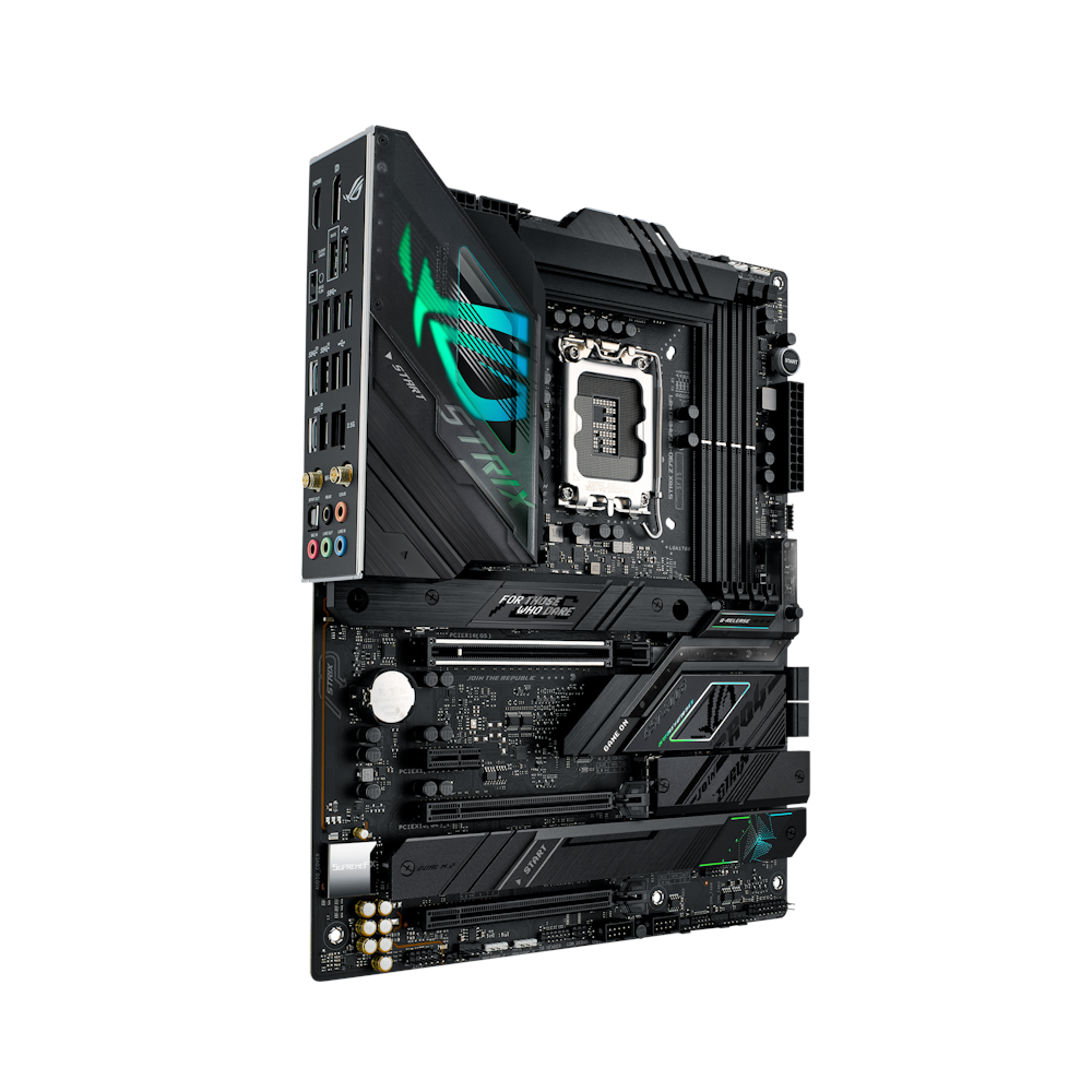 A large main feature product image of ASUS ROG Strix Z790-F Gaming WiFi LGA1700 ATX Desktop Motherboard