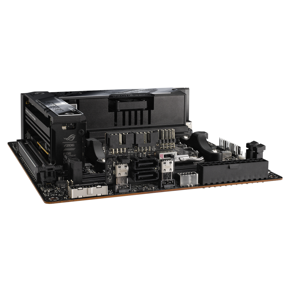 A large main feature product image of ASUS ROG Strix X670E-I Gaming WiFi AM5 mITX Desktop Motherboard