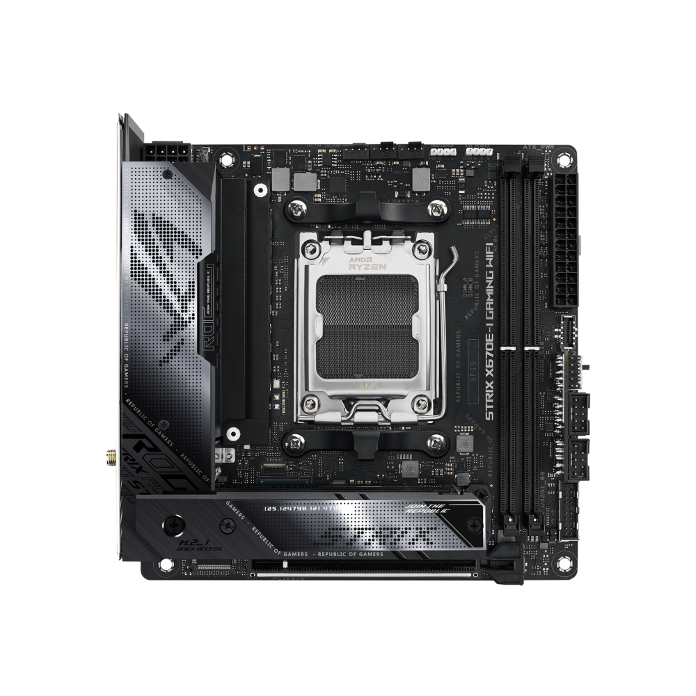 A large main feature product image of ASUS ROG Strix X670E-I Gaming WiFi AM5 mITX Desktop Motherboard