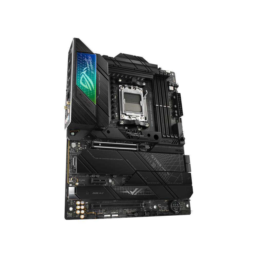 A large main feature product image of ASUS ROG Strix X670E-F Gaming WiFi AM5 ATX Desktop Motherboard
