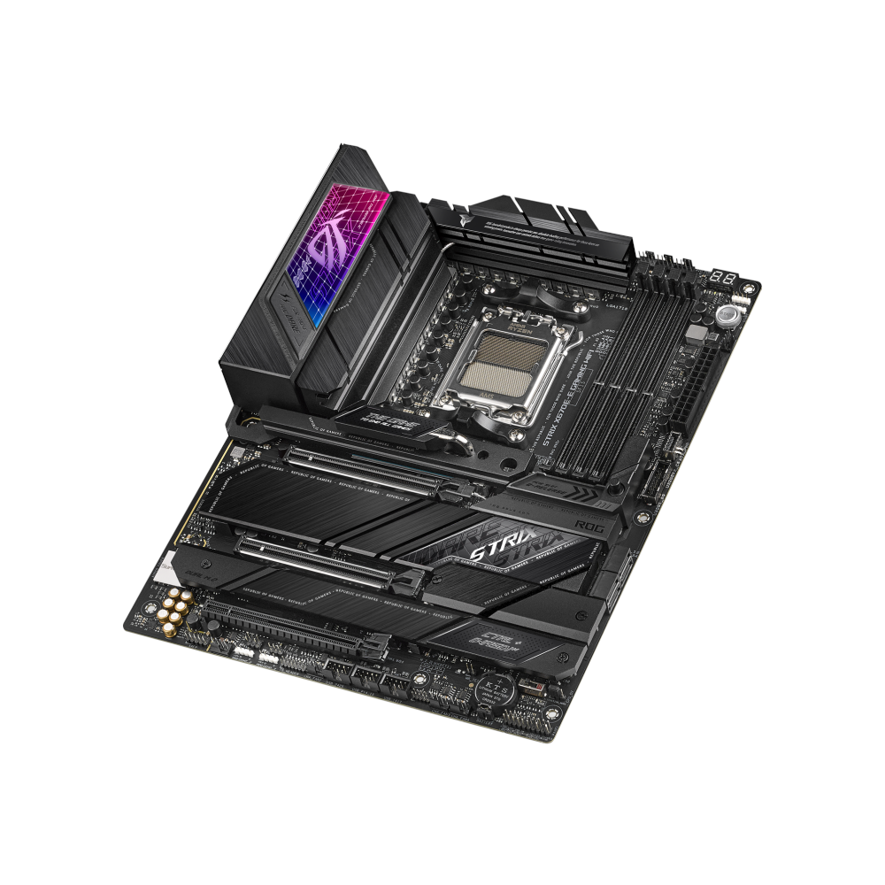 A large main feature product image of ASUS ROG Strix X670E-E Gaming WiFi AM5 ATX Desktop Motherboard