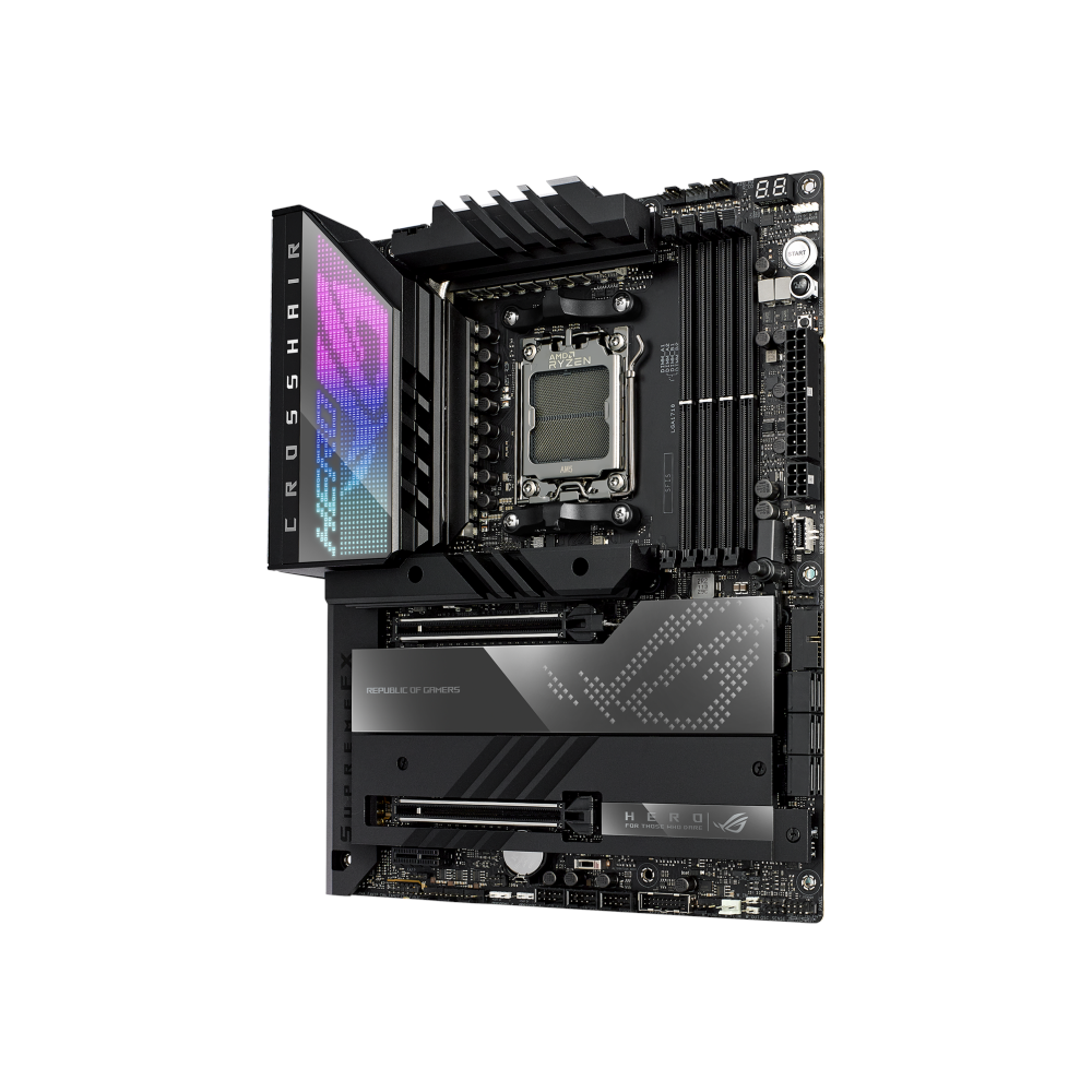 A large main feature product image of ASUS ROG Crosshair X670E Hero AM5 ATX Desktop Motherboard