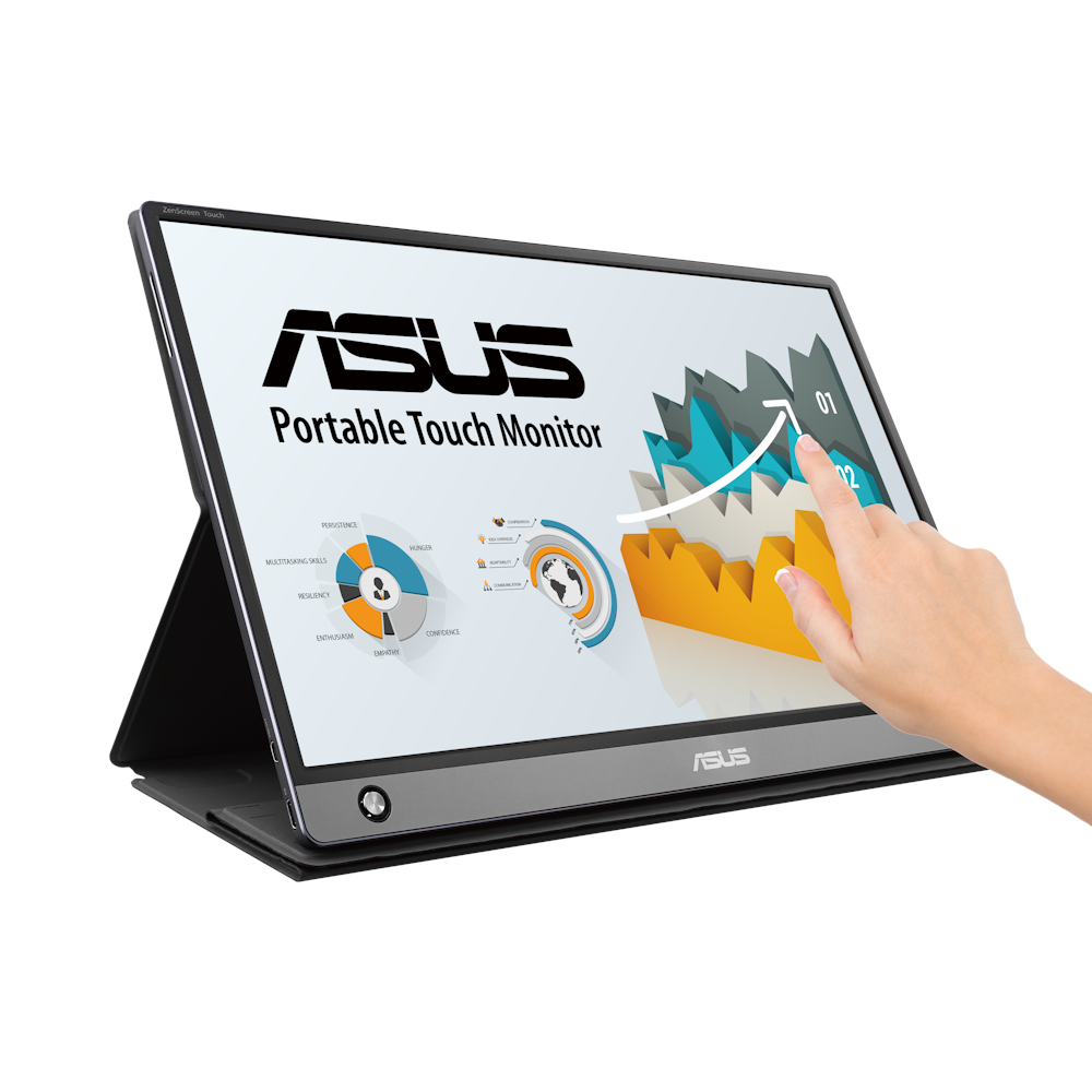 A large main feature product image of ASUS ZenScreen Touch MB16AMT 15.6" FHD 60Hz IPS Portable Monitor