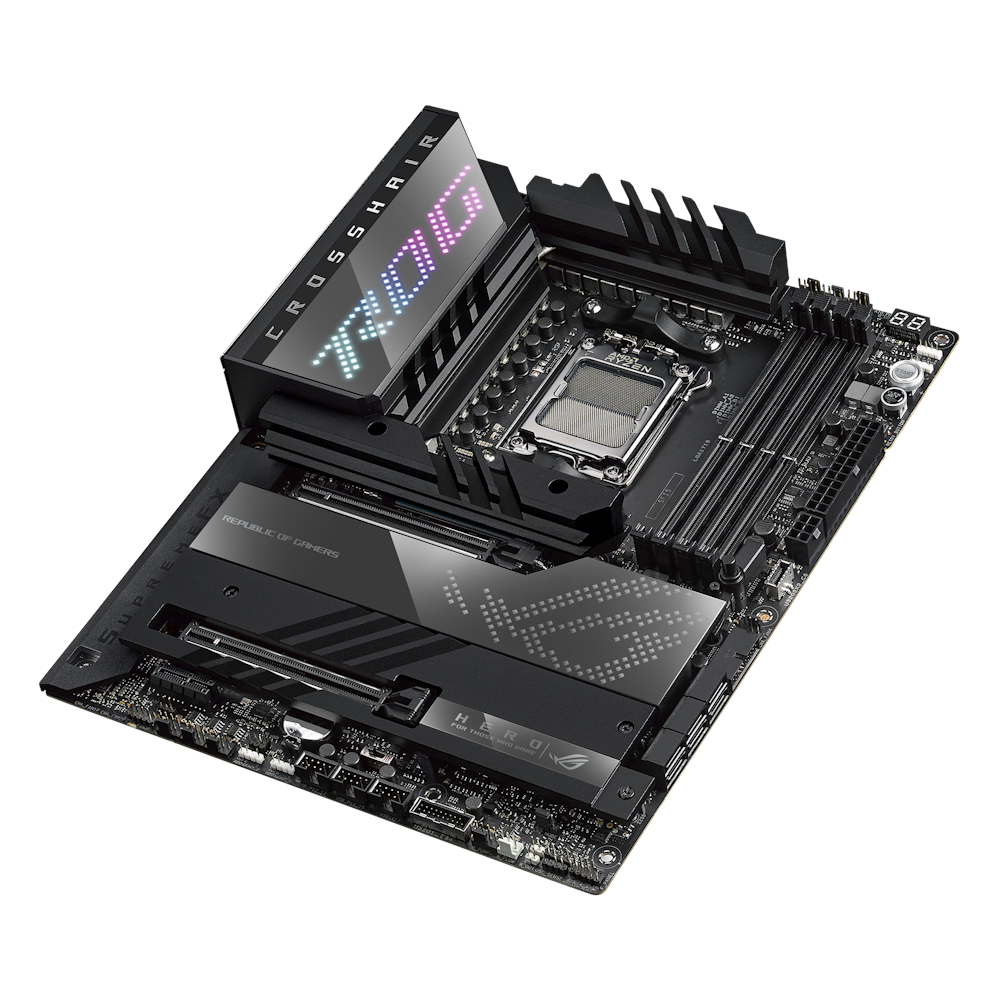 A large main feature product image of ASUS ROG Crosshair X670E Hero AM5 ATX Desktop Motherboard