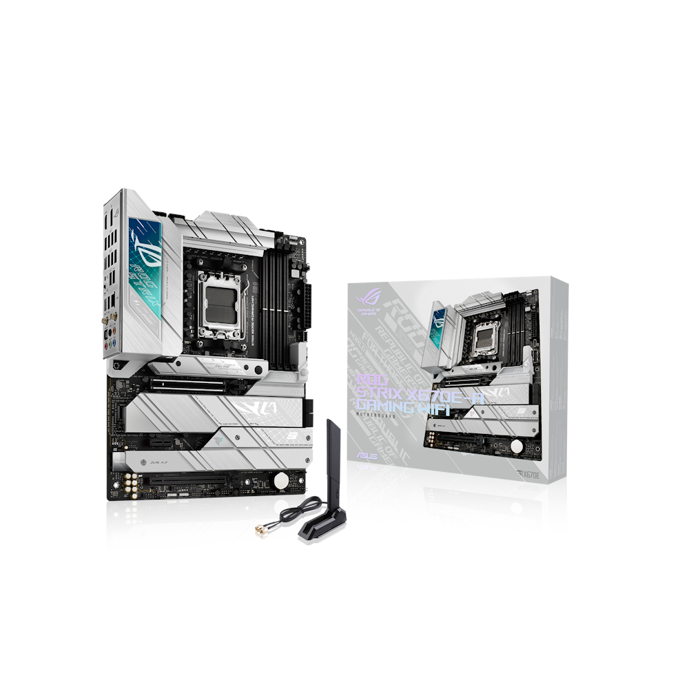A large main feature product image of ASUS ROG Strix X670E-A Gaming WiFi AM5 ATX Desktop Motherboard