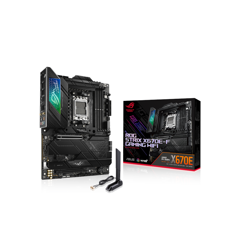A large main feature product image of ASUS ROG Strix X670E-F Gaming WiFi AM5 ATX Desktop Motherboard