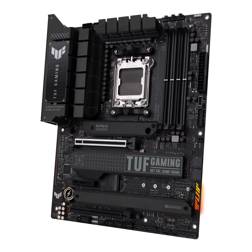 A large main feature product image of ASUS TUF Gaming X670E-Plus WiFi AM5 ATX Desktop Motherboard