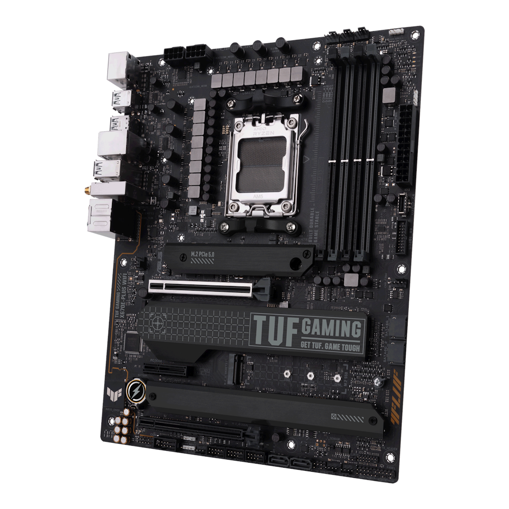A large main feature product image of ASUS TUF Gaming X670E-Plus WiFi AM5 ATX Desktop Motherboard