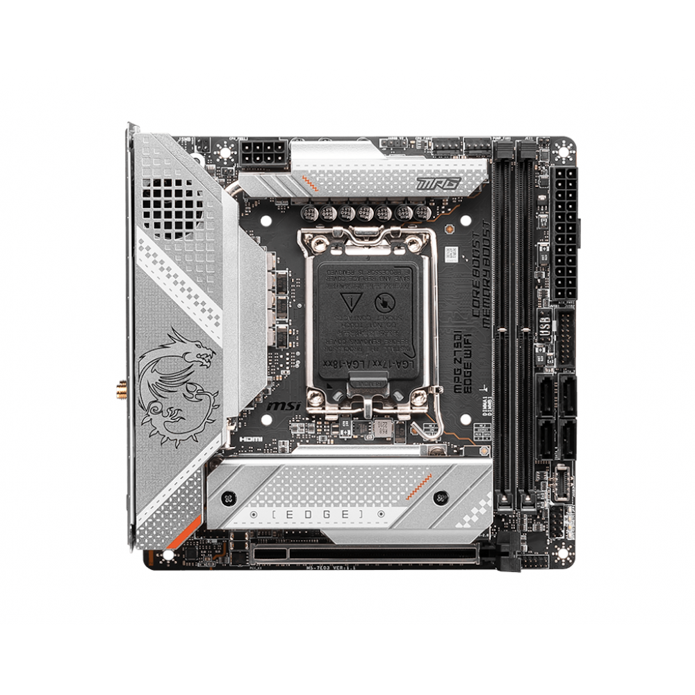 A large main feature product image of MSI MPG Z790I Edge WiFi LGA1700 mITX Desktop Motherboard