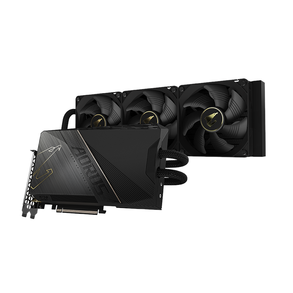 A large main feature product image of Gigabyte GeForce RTX 4090 Aorus Xtreme Waterforce 24GB GDDR6X