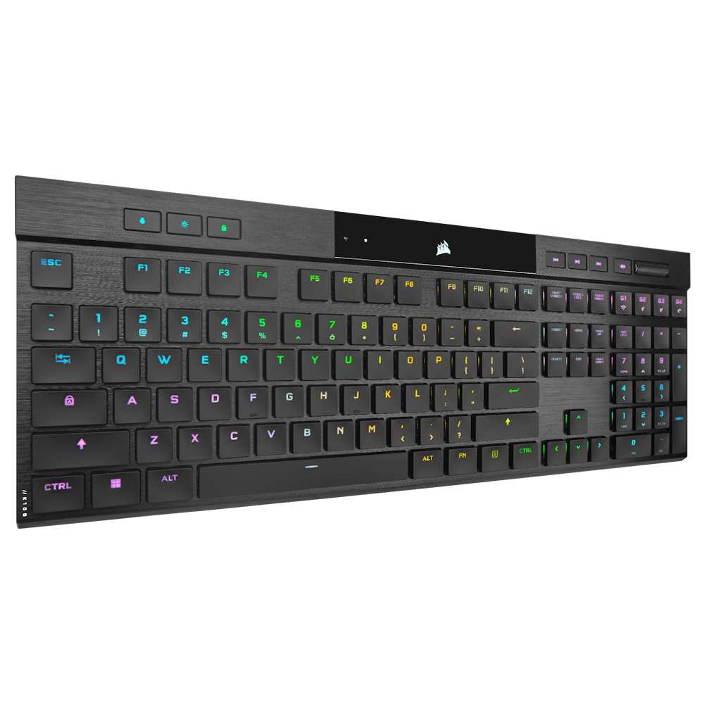 A large main feature product image of Corsair K100 RGB AIR Wireless Ultra-Thin Mechanical Gaming Keyboard (MX Ultra Low Profile - Tactile)