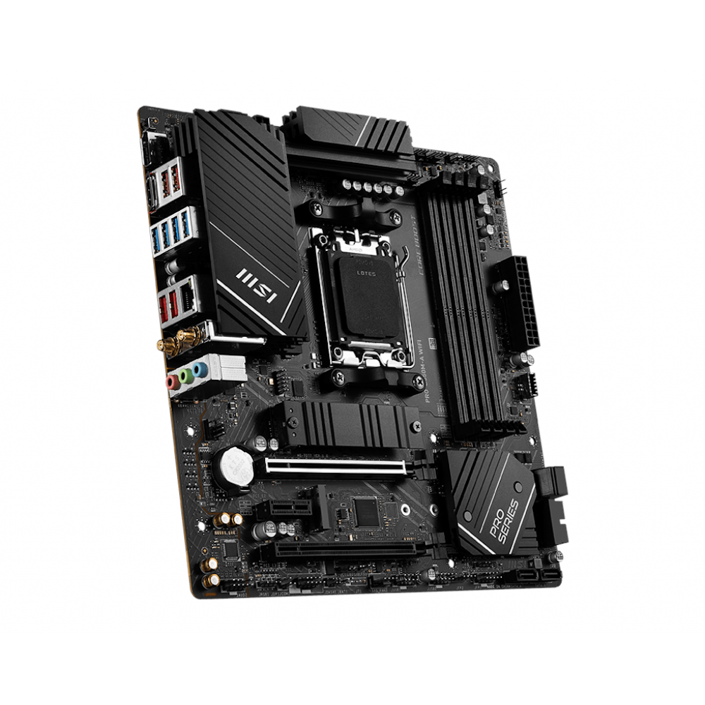 A large main feature product image of MSI PRO B650M-A WiFi AM5 mATX Desktop Motherboard