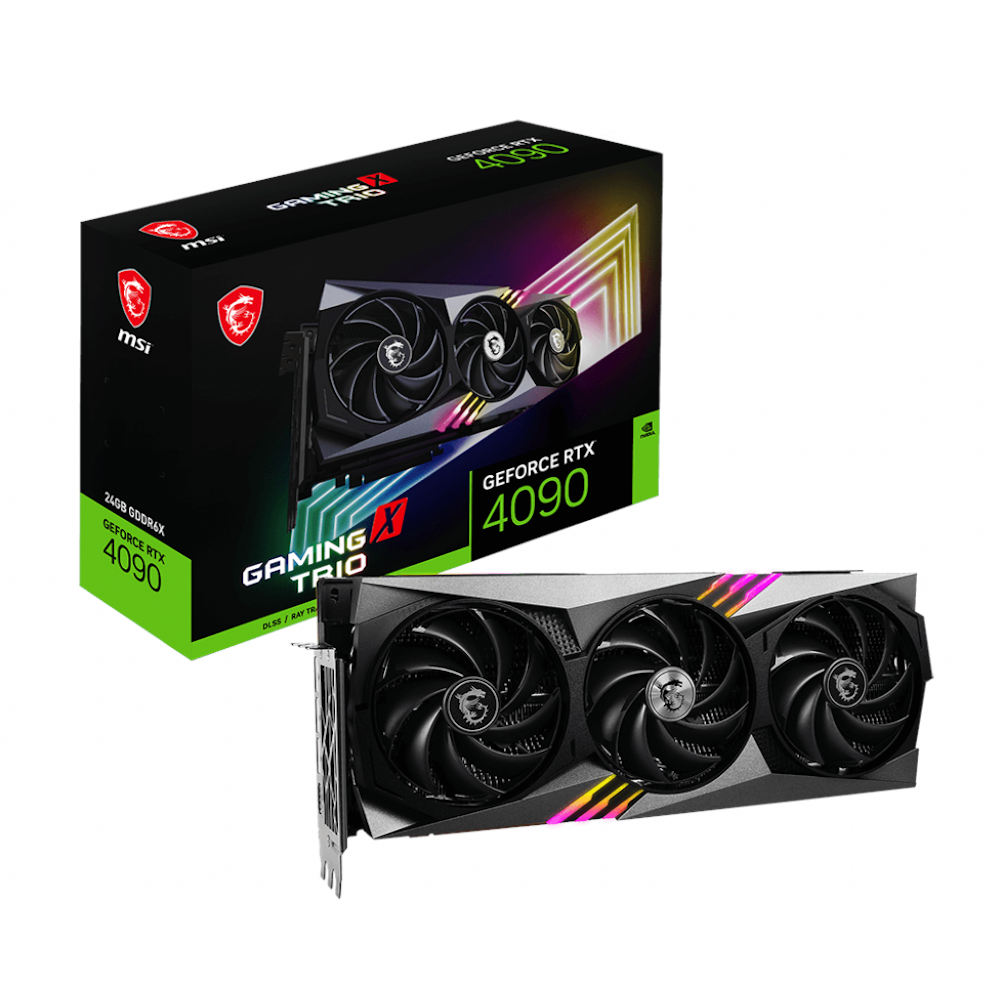 A large main feature product image of MSI GeForce RTX 4090 Gaming X Trio 24GB GDDR6X
