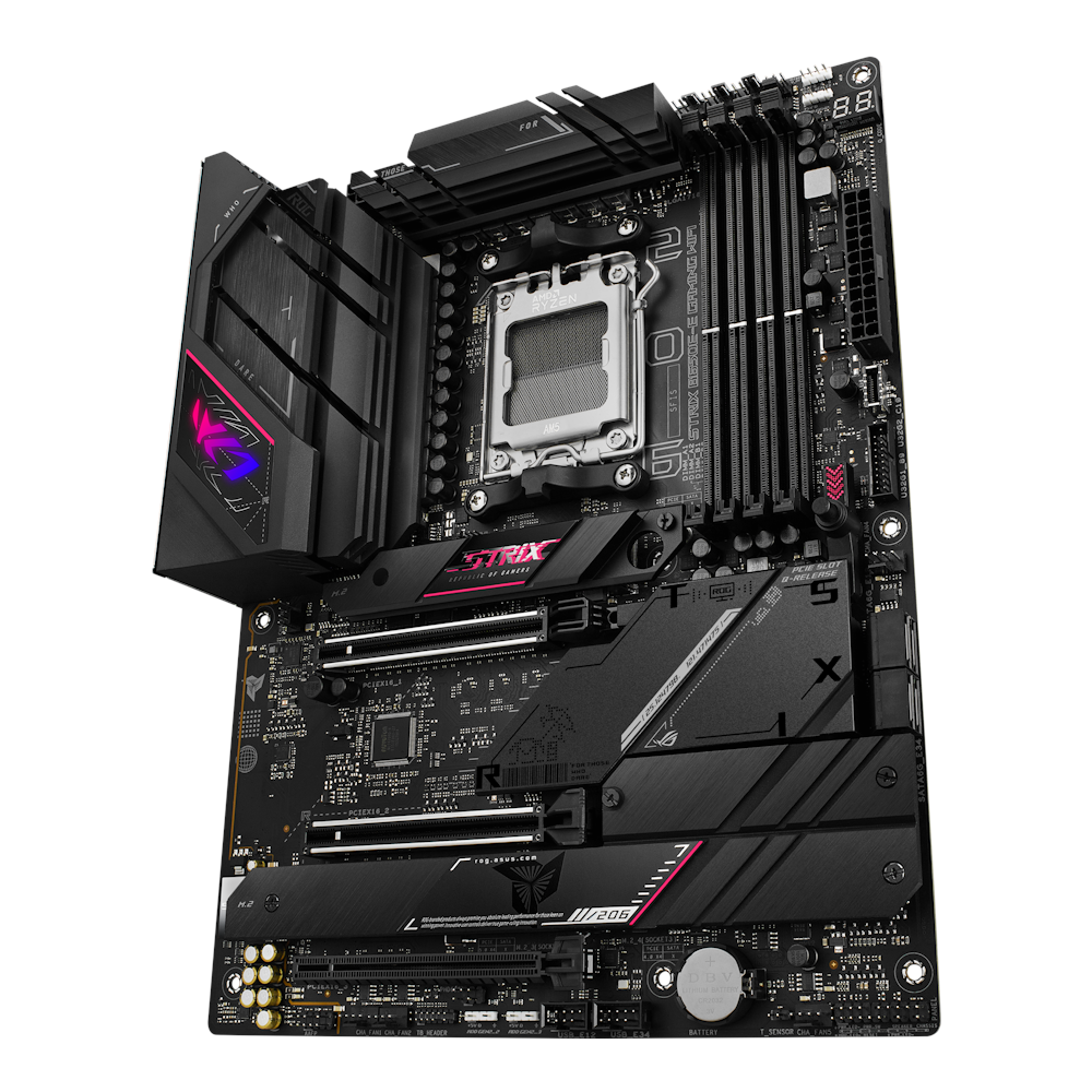 A large main feature product image of ASUS ROG Strix B650E-E Gaming WiFi AM5 ATX Desktop Motherboard