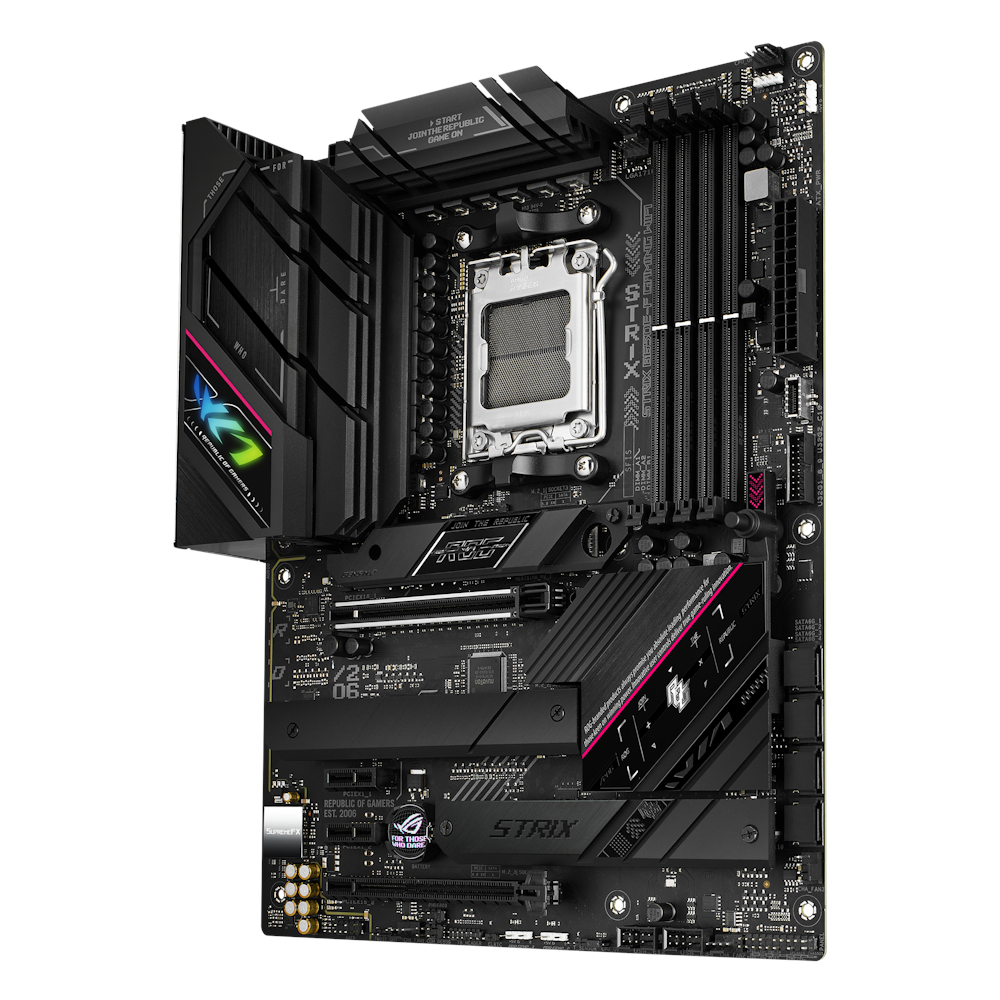 A large main feature product image of ASUS ROG Strix B650E-F Gaming WiFi AM5 ATX Desktop Motherboard