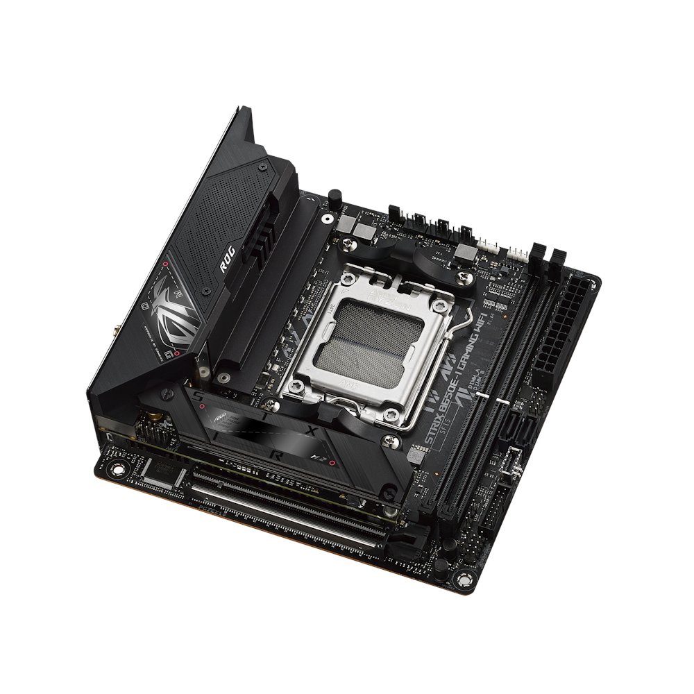 A large main feature product image of ASUS ROG Strix B650E-I Gaming WiFi AM5 mITX Desktop Motherboard