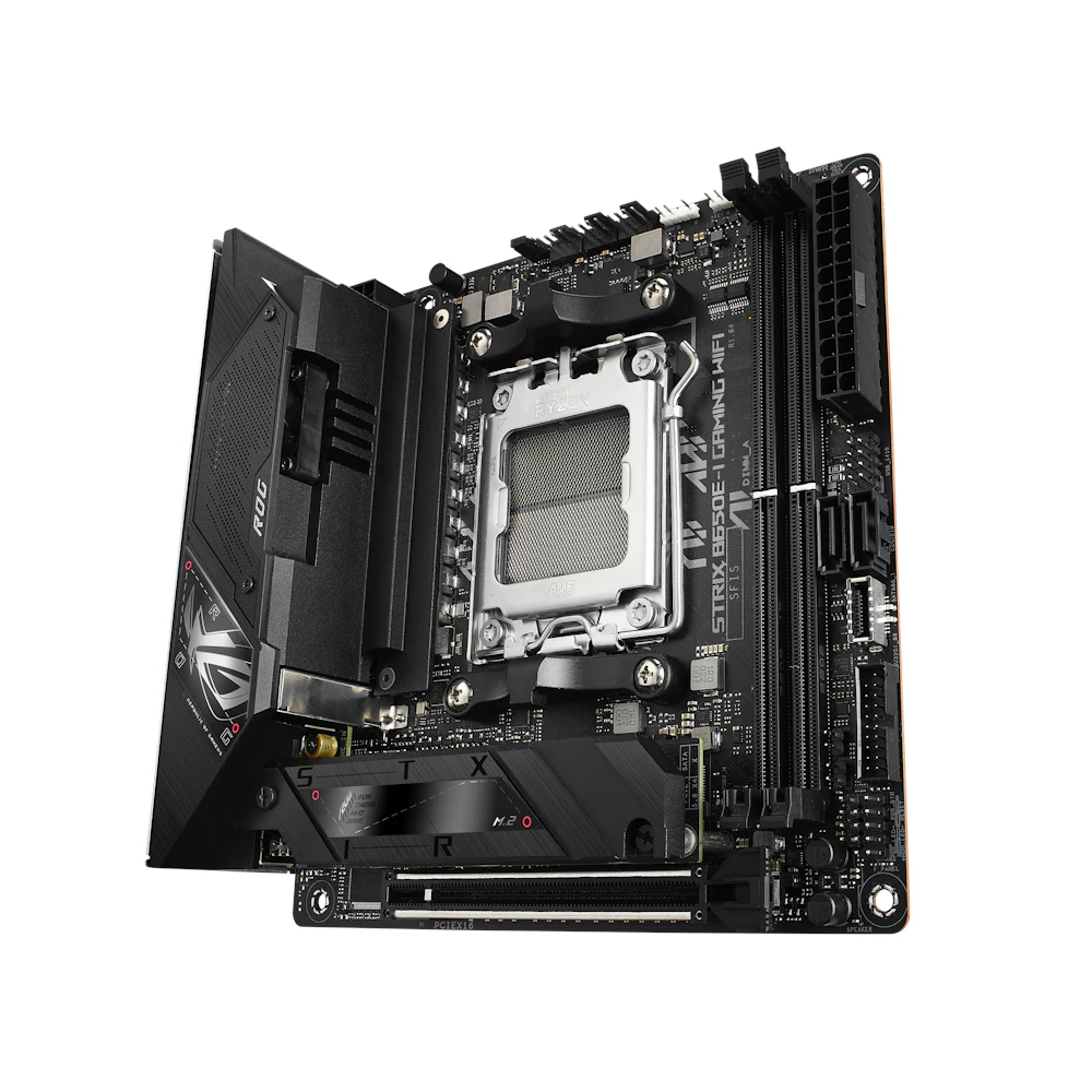 A large main feature product image of ASUS ROG Strix B650E-I Gaming WiFi AM5 mITX Desktop Motherboard