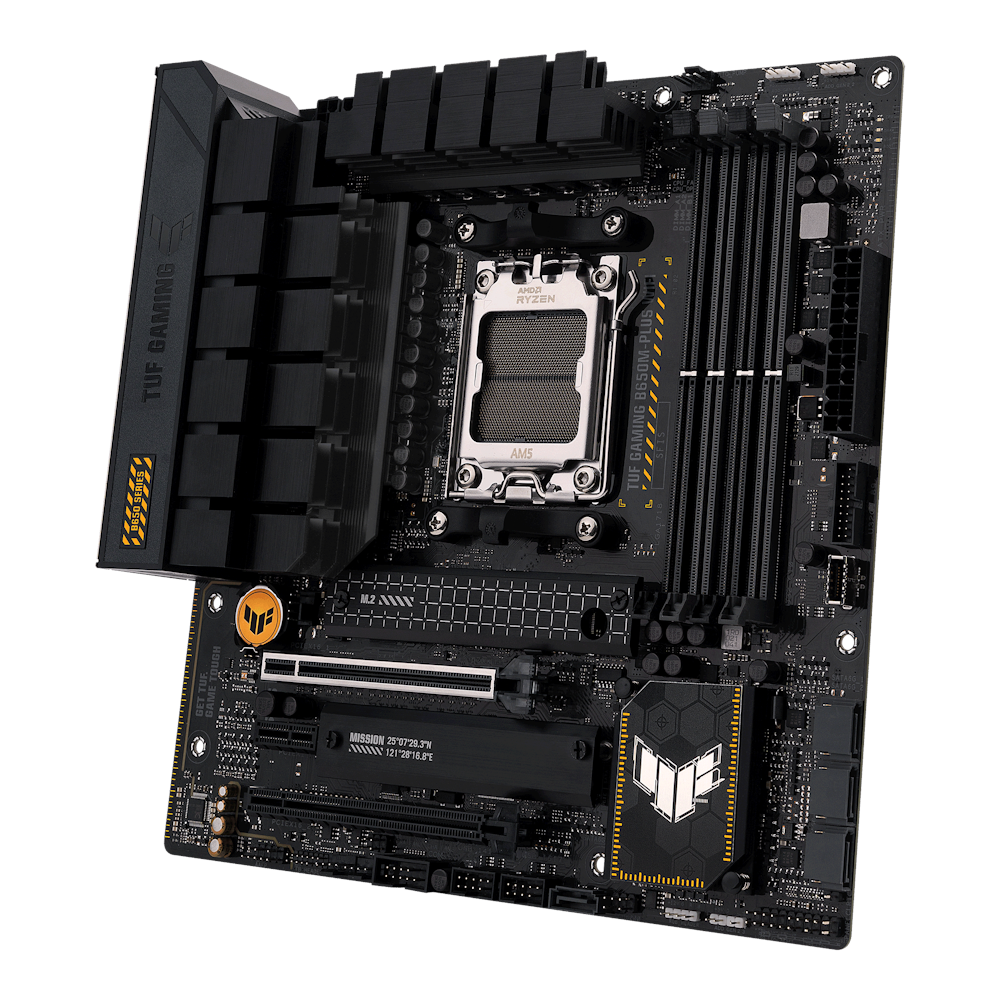 A large main feature product image of ASUS TUF Gaming B650M-Plus WiFi AM5 mATX Desktop Motherboard