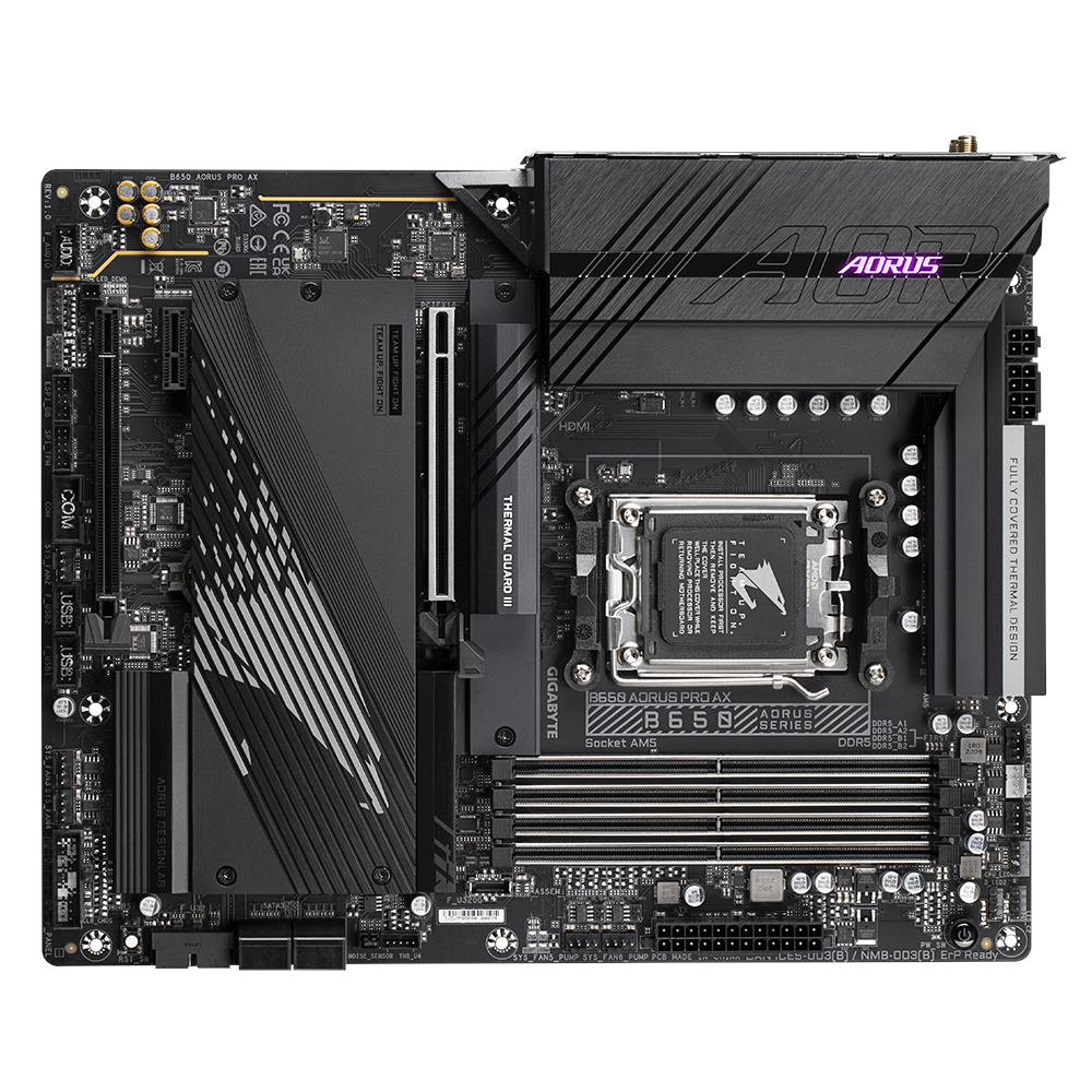 A large main feature product image of Gigabyte B650 Aorus Pro AX AM5 ATX Desktop Motherboard