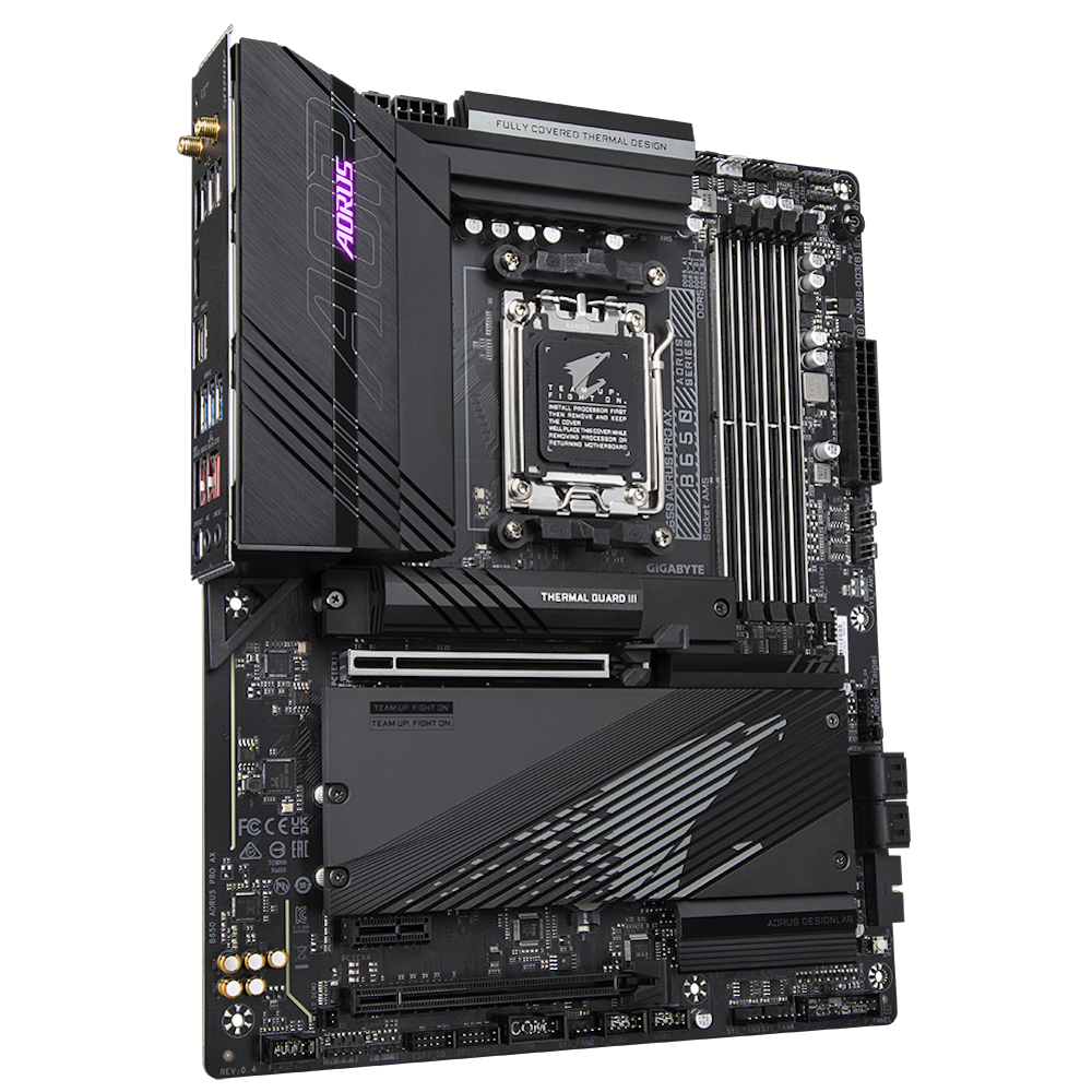 A large main feature product image of Gigabyte B650 Aorus Pro AX AM5 ATX Desktop Motherboard