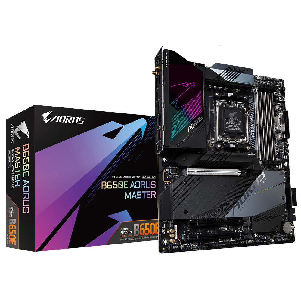 A large main feature product image of Gigabyte B650E Aorus Master AM5 ATX Desktop Motherboard