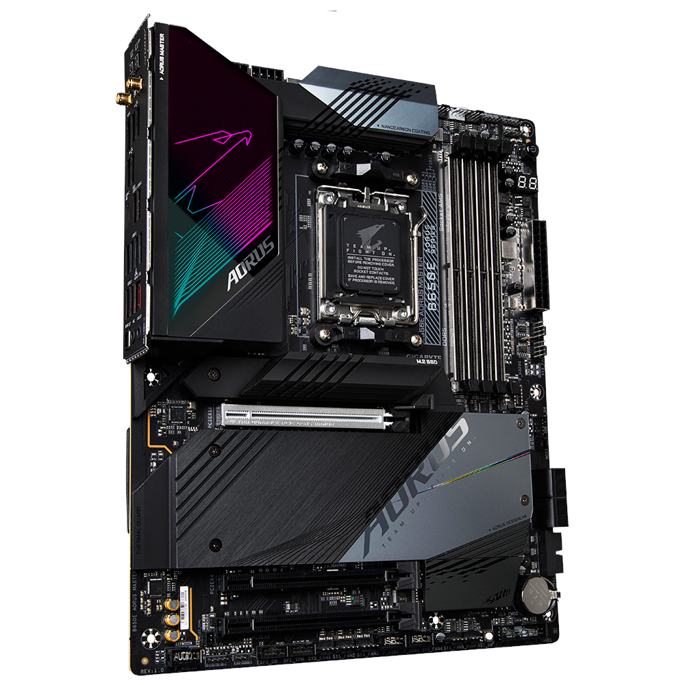 A large main feature product image of Gigabyte B650E Aorus Master AM5 ATX Desktop Motherboard