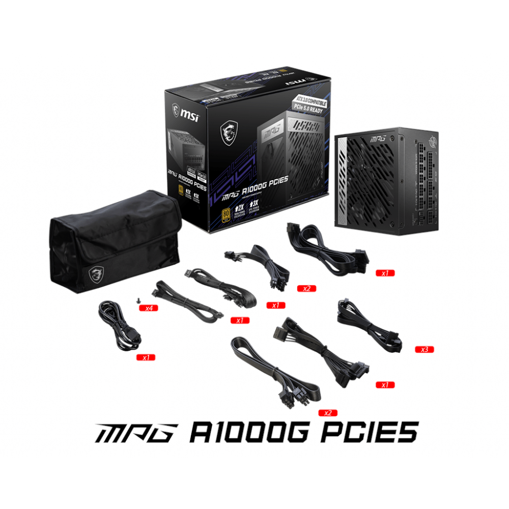 A large main feature product image of MSI MPG A1000G PCIE5 1000W Gold PCIe 5.0 ATX Modular PSU