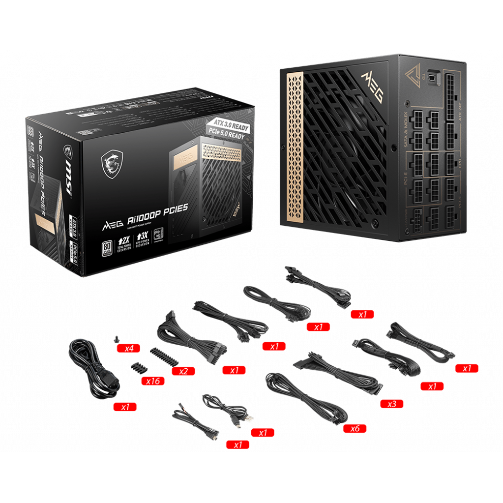 A large main feature product image of MSI MPG Ai1300P - 1300W Platinum PCIe 5.0 ATX Modular PSU