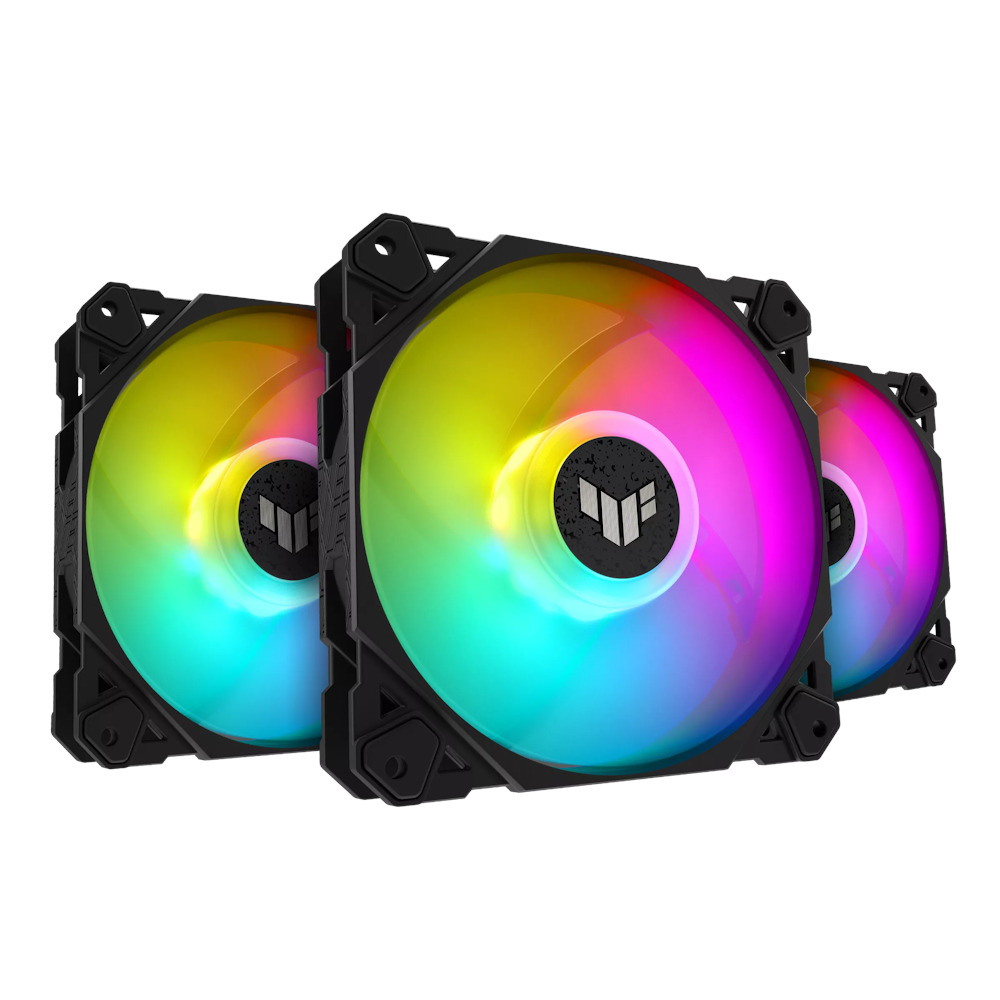 A large main feature product image of ASUS TUF Gaming TF120 ARGB 120mm Black PWM Cooling Fan - Triple Pack