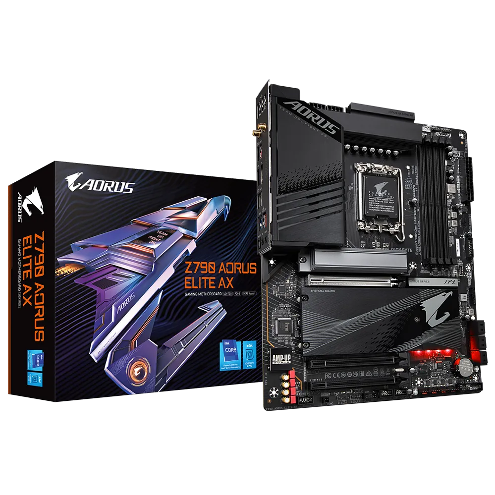 A large main feature product image of Gigabyte Z790 Aorus Elite AX LGA1700 ATX Desktop Motherboard
